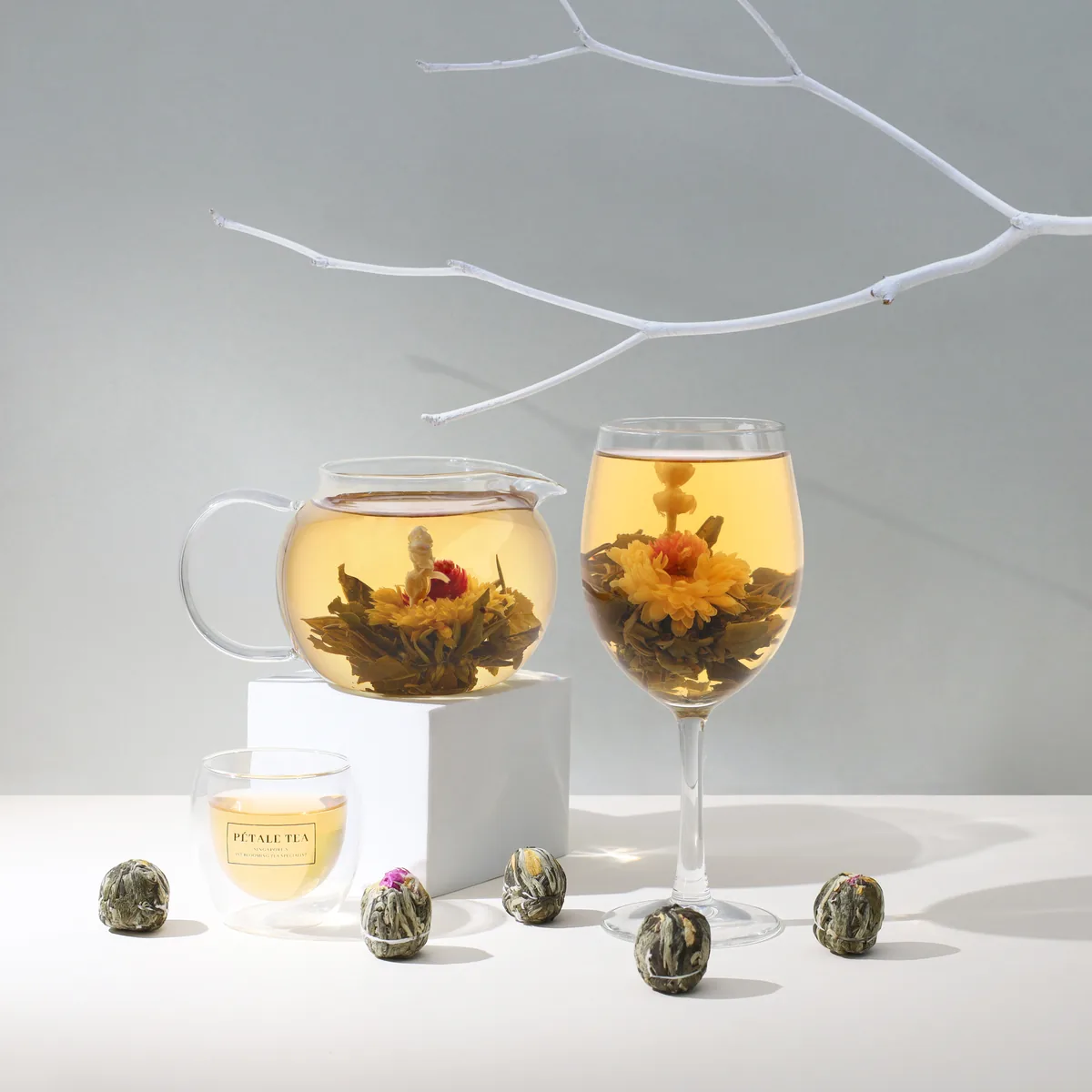Passion tea balls bloomed in a glass and a glass teapot, in a light studio