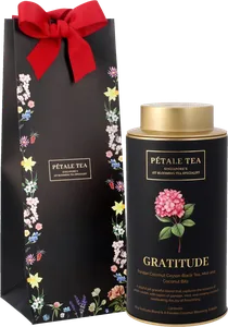 A Gratitude tin beside its gift bag